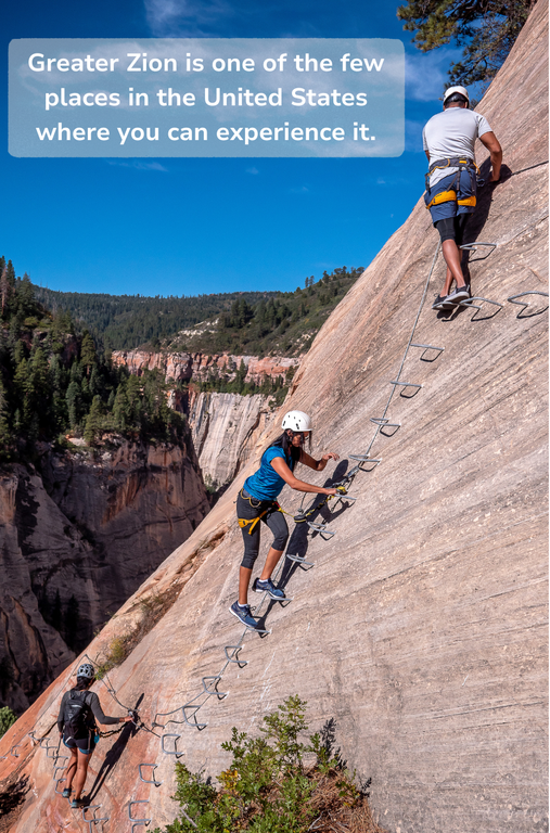 Three people on a cliffface, placing their feet on iron rungs and climbng up. 