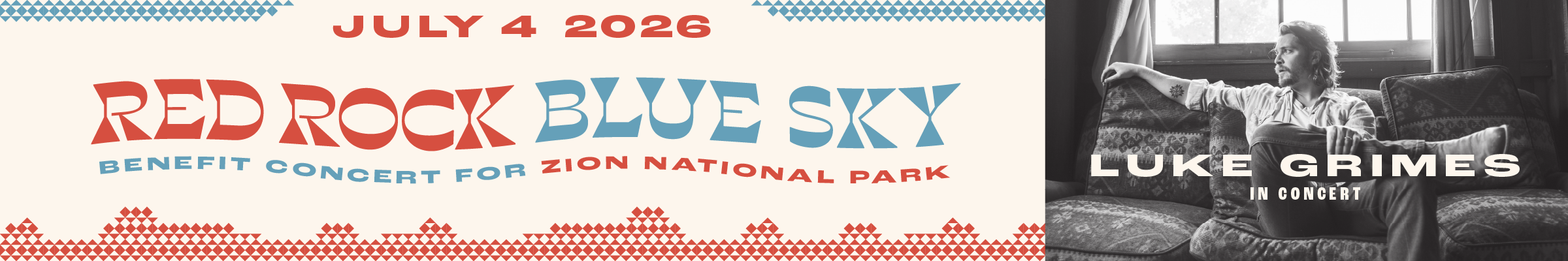 Red Rock Blue Sky Concert banner featureing and  image of Luck Grimes. 